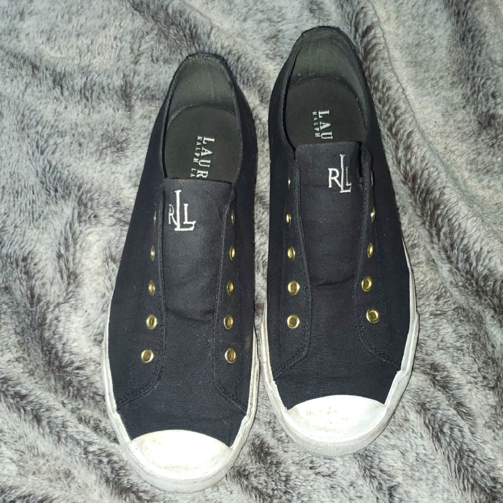 Ralph Lauren LAUREN Black Slip-On Laceless Sneakers Size 8.